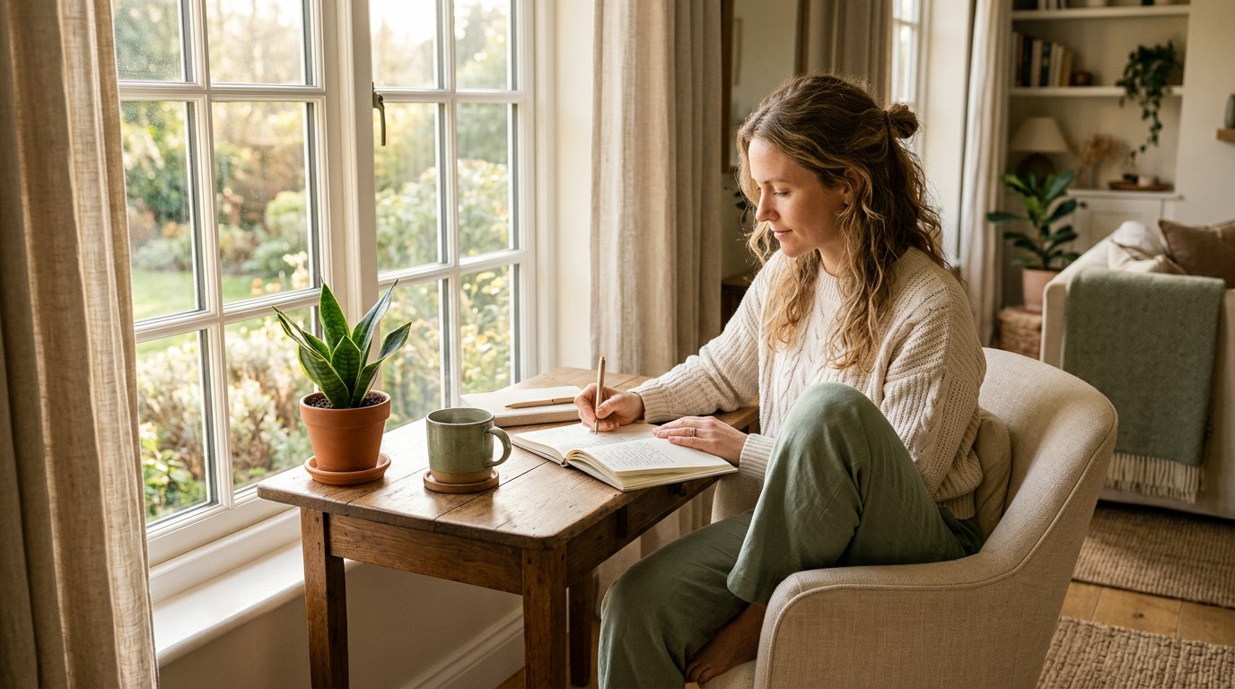 A woman journaling by a sunlit window with a cup of tea