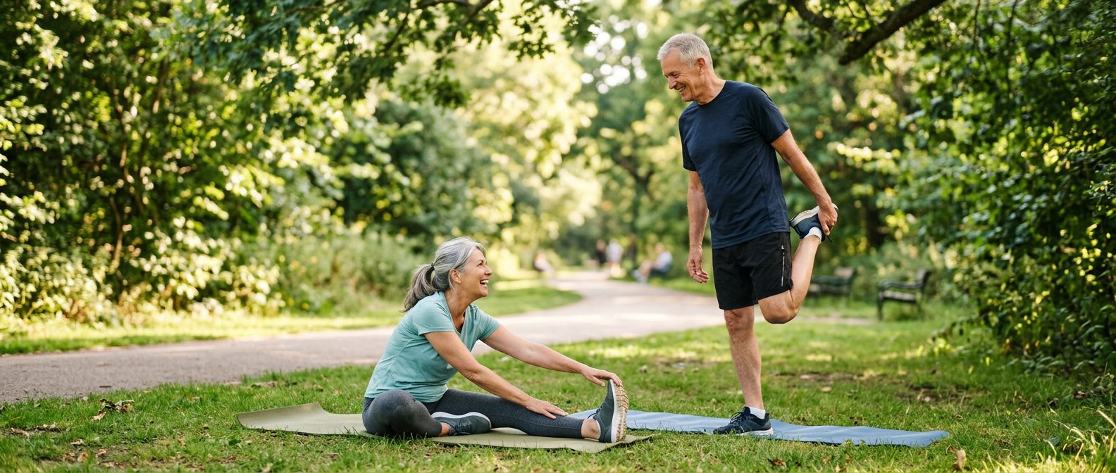 A mature couple stretching together in a leafy park